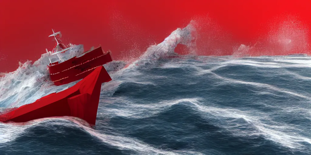 Image similar to a red ship was caught in a tsunami wave at sea ， closeup view ， front view ， 3 d render