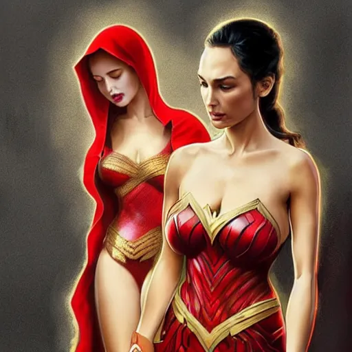 Prompt: lindsey pelas and gal gadot wearing a red kebaya, digital painting, artstation, concept art, sharp focus, illustration, art by artgerm and greg rutkowski and alphonse mucha