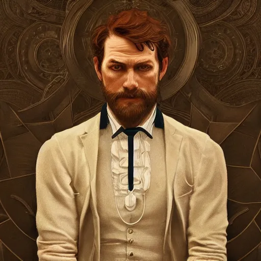 Image similar to symmetry!! a portrait of arthur morgan, intricate, elegant, highly detailed, digital painting, artstation, concept art, smooth, sharp focus, illustration, art by artgerm and greg rutkowski and alphonse mucha, 8 k
