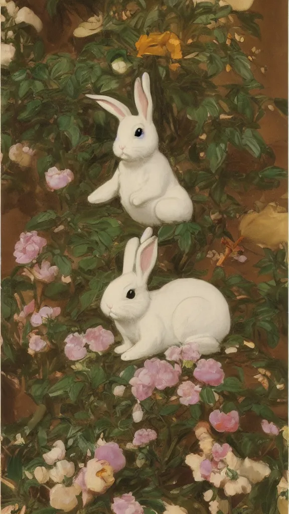 Image similar to in botanicals room a porcelain rabbit statue having a japanese kiseru in hand painted by john singer sargent