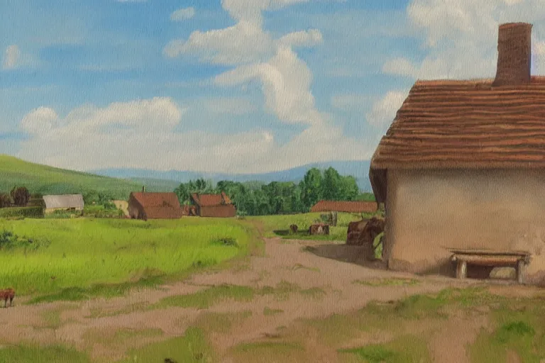 Image similar to painting of a wide shot of a rural countryside village in the style of carl valente