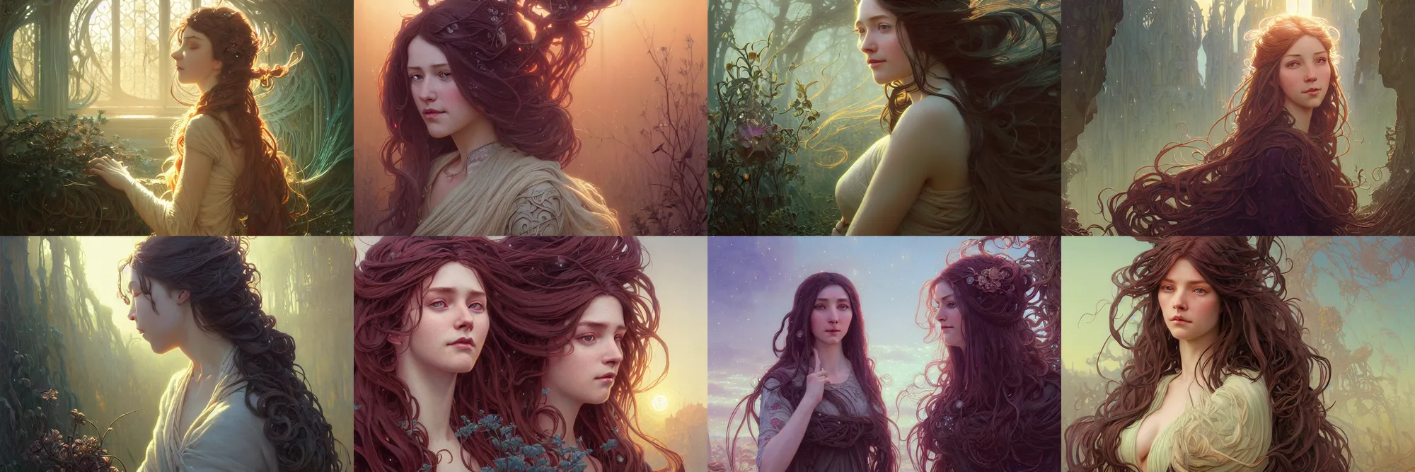 Image similar to highly detailed portrait of a woman with long hairs, stephen bliss, unreal engine, fantasy art by greg rutkowski, art nouveau, loish, rhads, ferdinand knab, makoto shinkai and lois van baarle, ilya kuvshinov, rossdraws, tom bagshaw, alphonse mucha, global illumination, radiant light, detailed and intricate environment