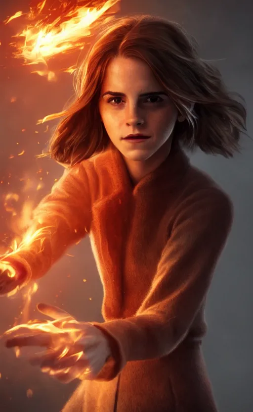 Prompt: Emma Watson casting a fire spell. Digital art trending on artstation. 4k. Indie videogame light.