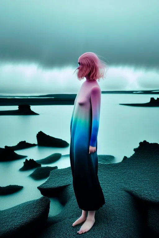 Image similar to high quality pastel coloured film close up wide angle photograph of a model wearing clothing swimming on cloud furniture in a icelandic black rock!! environment in a partially haze filled dreamstate world. three point light, rainbow. photographic production. art directed. pastel colours. volumetric clouds. pastel gradient overlay. waves glitch artefacts. extreme facial clarity. 8 k. filmic.