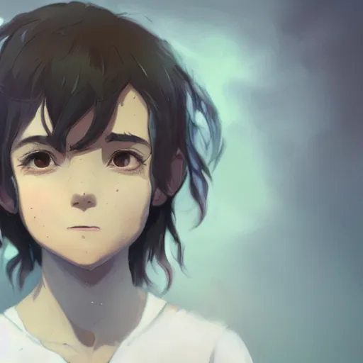 Prompt: a child with grey skin with blues and short brown hair and fire powers, highly detailed, digital painting, artstation, matte, by makoto shinkai, animation style