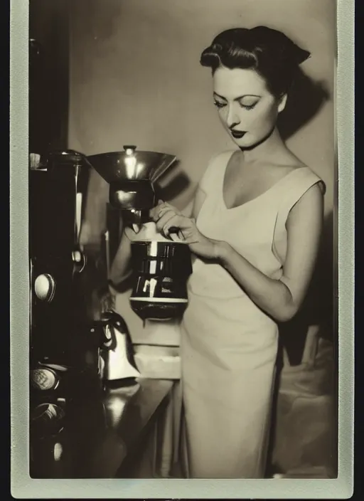 Prompt: a woman making coffee, flash polaroid photo by george hurrell,