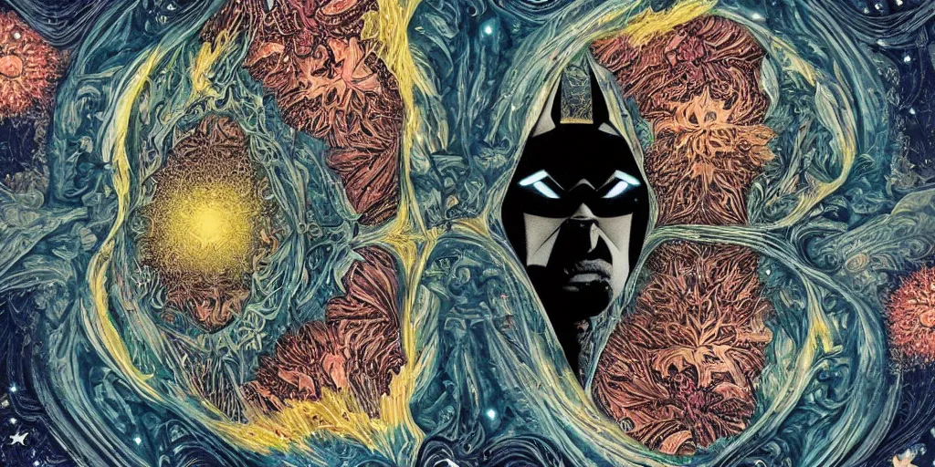 Image similar to disco diffusion portrait of batman, on the moon : : cosmic tarot card, intricate fractal details, broken reality, fanciful floral mandelbulb, black paper, style of wes anderson