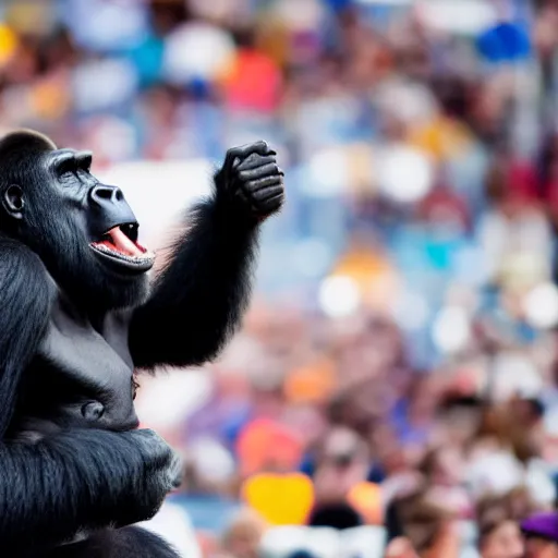 Prompt: a gorilla singing to a large crowd of people at an outdoor stadium concert. highly detailed. 8 5 mm f 1 1 canon eos