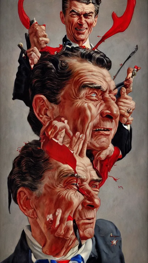 Image similar to ronald regan dressed as satan, painting in the style of norman rockwell, 1 9 5 0 s, evil, hyperrealistic, photorealistic, award - winning, 4 k, ultra hd, artstation, intricate, highly detailed, patriotic, american, usa, dark, gritty