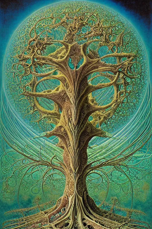 Image similar to tree of life by roger dean and andrew ferez, art forms of nature by ernst haeckel, divine chaos engine, symbolist, visionary, art nouveau, botanical fractal structures, organic, detailed, realistic, surreality