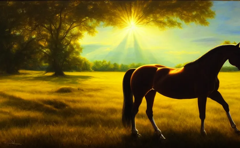 Prompt: a masterpiece oil painting of a horse backlit in a pasture. ultra wide angle, fantasy art, alex ross, heroic lighting, very very very beautiful raytraced rendering