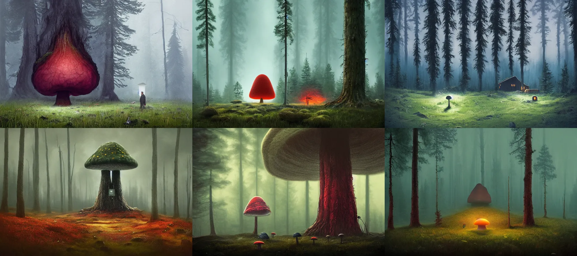 Prompt: An enormous dark, foreboding mushroom in the middle of a spruce forest in Norway near a white farmhouse, in the style of Simon Stalenhag and Wes Anderson, beautiful colors, very high resolution, trending on Artstation