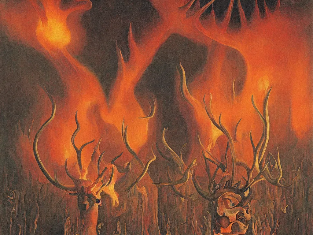 Prompt: devil with antlers burning with a flamethrower the lily. painting by mikalojus konstantinas ciurlionis, bosch, wayne barlowe, agnes pelton, rene magritte