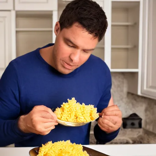 Prompt: man vomiting kraft mac and cheese