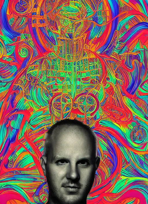 Image similar to portrait of tim ferris, an ultrafine detailed illustration by james jean, intricate linework, bright colors, final fantasy, behance contest winner, vanitas, angular, altermodern, unreal engine 5 highly rendered, global illumination, radiant light, detailed and intricate environment