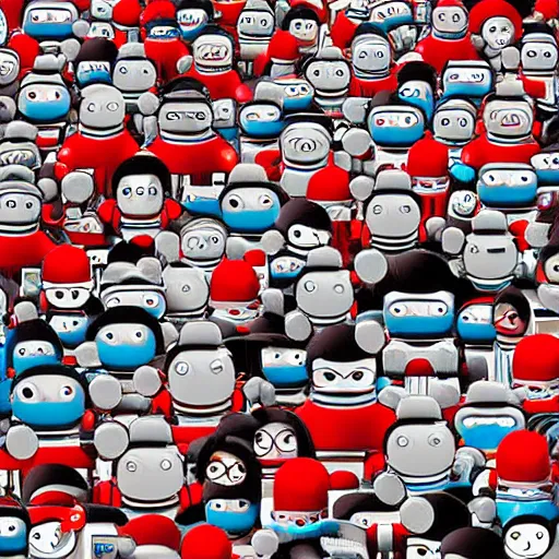 Image similar to tiny robot hiding in where's wally picture. illustrated by martin handford, high detailed, high complexity. photorealistic