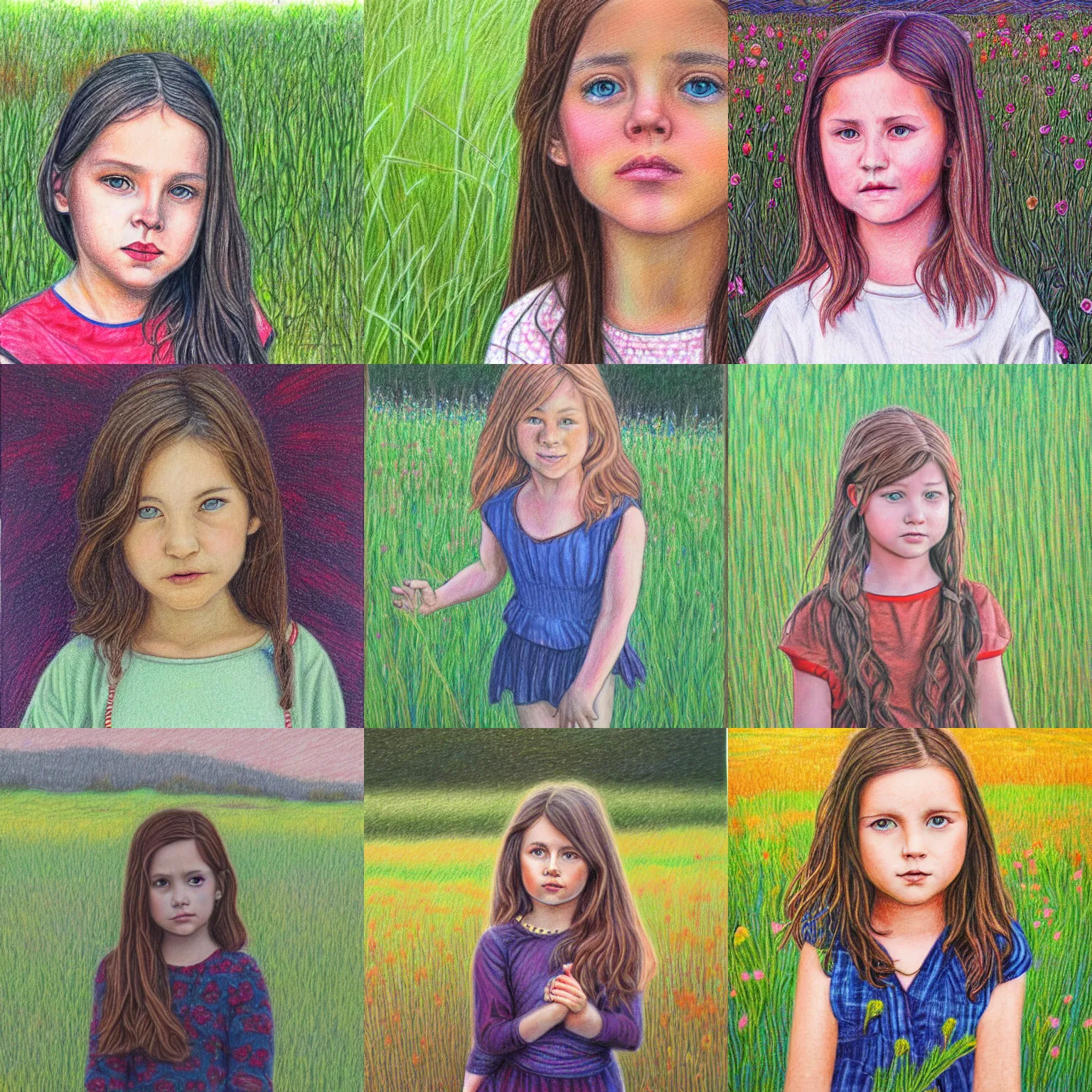 Prompt: ornate portrait colored pencil drawing of girl standing in field looking at camera.