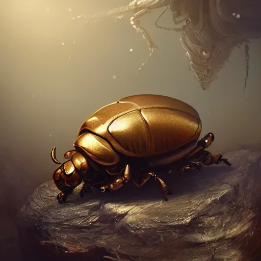 Prompt: Very high detailed rhinoceros beetle made of gold and metal standing on a carbon fiber background, robotic, nature, symmetrical, Greg Rutkowski, Charlie Bowater, Beeple, Unreal 5, hyperrealistic, dynamic lighting, fantasy art