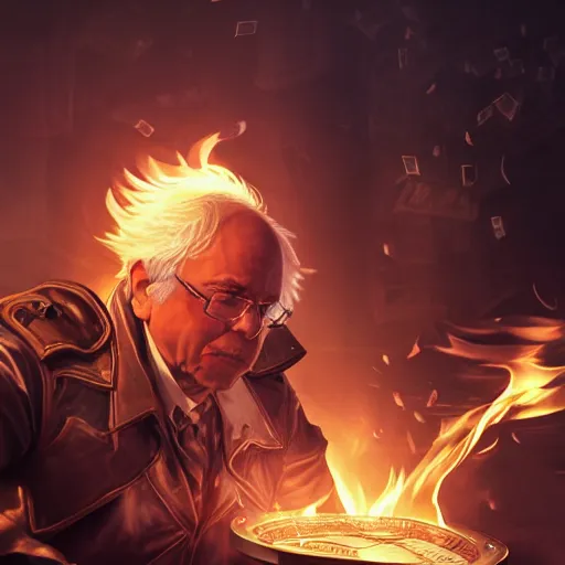 Image similar to portrait of bernie sanders burning money, league of legends amazing splashscreen artwork, splash art, natural light, elegant, photorealistic facial features, intricate, fantasy, detailed face, atmospheric lighting, anamorphic lens flare, cinematic lighting, league of legends splash art, hd wallpaper, ultra high details by greg rutkowski