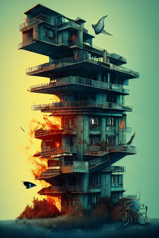 Image similar to burning overgrowth!!!!!+a lone man+fish flying in the sky, Mads Berg, Karolis Strautniekas, film noir, stippled light, dramatic lighting,editorial illustration, detailed,fine texture, matte print, art deco, brutalism, dark blue + dark orange, red, black, ((habitat 67 background))