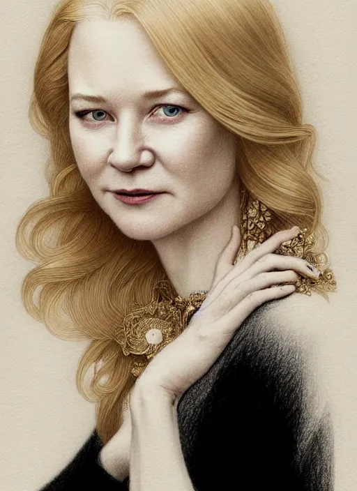 Prompt: a pencil drawing portrait of mia wasikowska mixed with nicole kidman with blonde hair, beautiful face, in a dress, jewelry, greek, intricate, headshot, highly detailed, drawn with pencil, black and white, artstation, concept art, sharp focus, cinematic lighting, illustration, art by artgerm and greg rutkowski, alphonse mucha, cgsociety