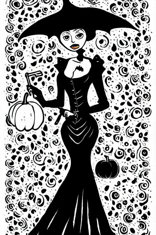 Image similar to black and white ink drawing of a beautiful woman in short gothic dress holding an umbrella next to a pumpkin by tim burton and edward gory