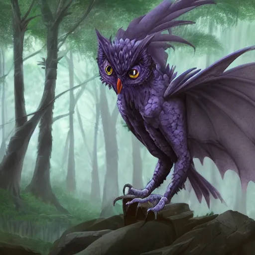 Prompt: concept art painting of an anthropomorphic purple gray dragon owl creature, in the deep forest, realistic, detailed, cel shaded, in the style of makoto shinkai and greg rutkowski and james gurney