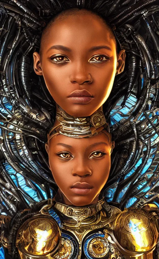 Image similar to young african cyborg queen, piercing glowing eyes, elegant, striking composition, highly detailed ornate sci fi background, highly detailed, beautiful composition, painting in the style of sandro botticelli, caravaggio, albrecth durer, 8k