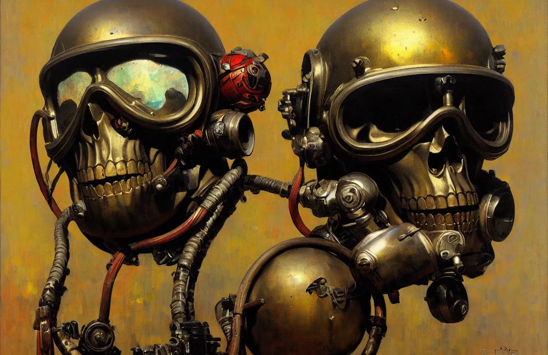 Image similar to portrait of deep sea diver helmet, detailed skull face, detailed painting, epic lighting, by ilya repin, phil hale and kent williams