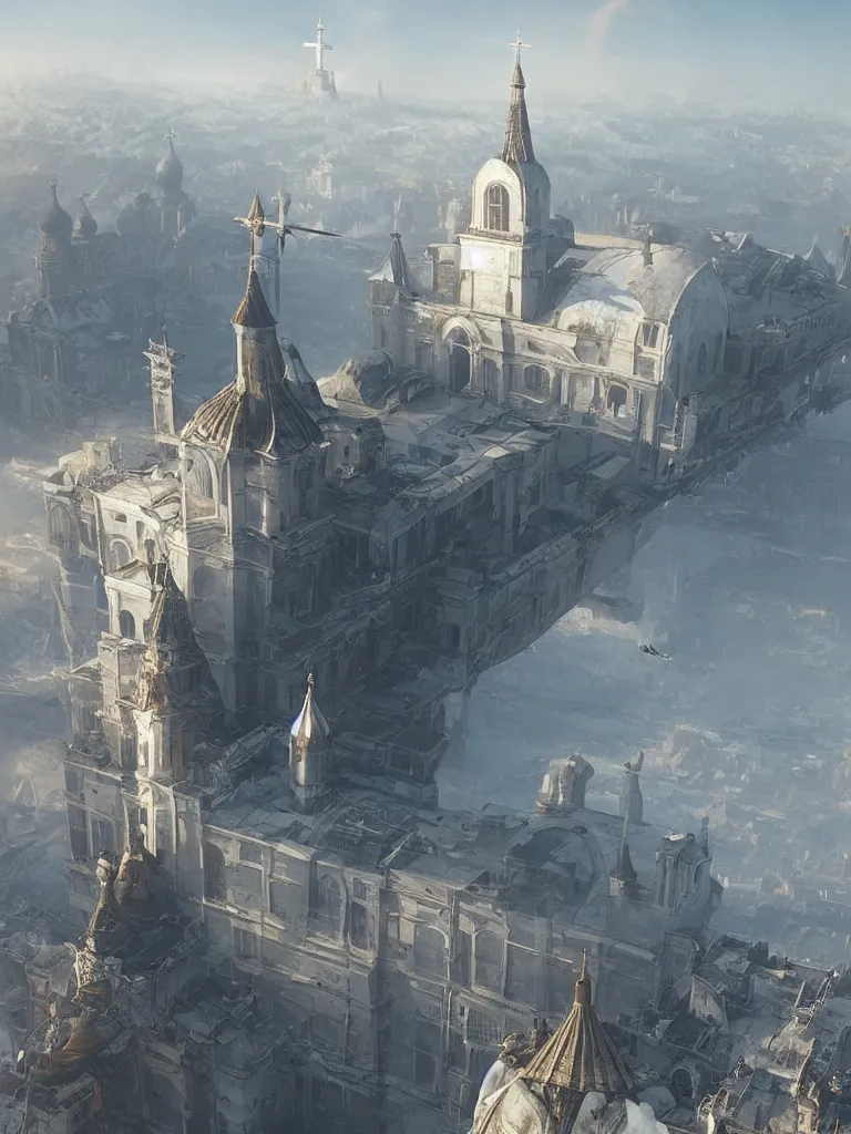 Image similar to a large dieselpunk airship is standing in the air over a splendid white church in russia, full morning sun, matte painting by greg rutkowski, craig mullins, levitan, rozalski