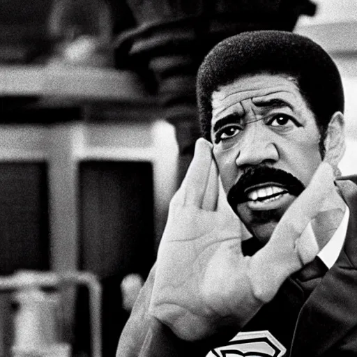 Prompt: richard pryor talking to superman, 1 9 7 0 s, film grain, heavy grain, cinematic compositions, directed by scorsese