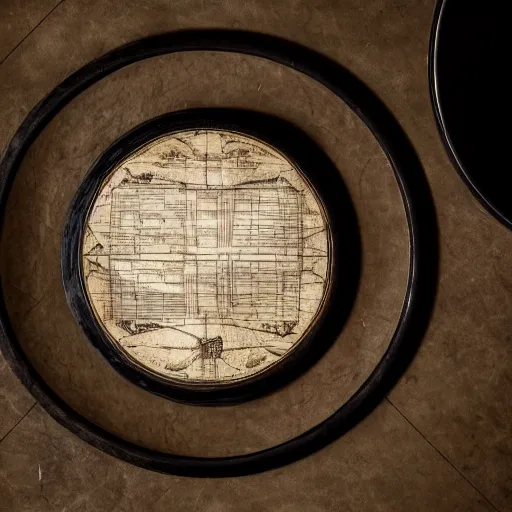 Prompt: A aged parchment with the elegant wireframe design for the Apollo moon lander module in the style of Leonardo da Vinci, on a marble table, candlelight, sigma 85mm f/1.4, award winning photo