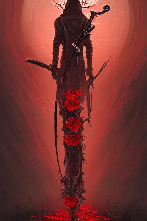 Image similar to poster style, a beautiful and terrifying painting with high details of a panoramic view of a reaper holding a long sickle, with red fluid white roses in the foreground, movie atmosphere, movie lights, 8 k, light effect, rtx on, trending on artstation, by kilian eng, lee madgwick, bastien lecouffe - deharme