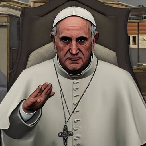 Image similar to the pope as a game character in gta 5, game graphics, game screenshot, in the style of rockstar advanced game engine