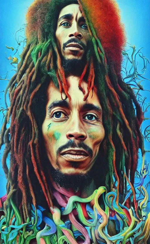 Image similar to colour masterpiece surreal closeup portrait photography of bob marley by miho hirano and annie leibovitz and michael cheval, weird surreal epic psychedelic complex biomorphic 3 d fractal landscape in background by kilian eng and roger dean and salvador dali and beksinski, 8 k