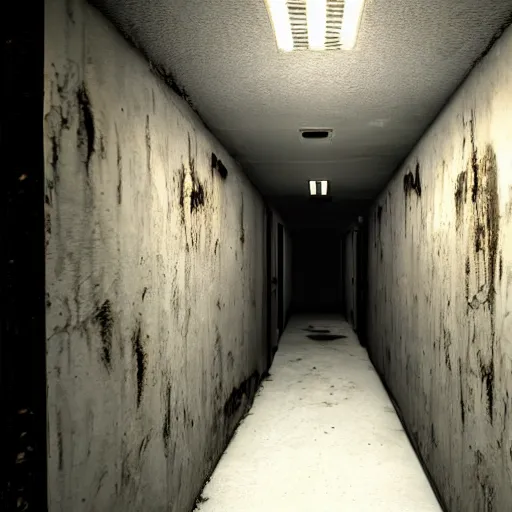 Image similar to horror facility hald - lit corridor, scp containment breach, unreal engine 5, rtx, next - gen graphics, aaa game trailer, cinematic lighting