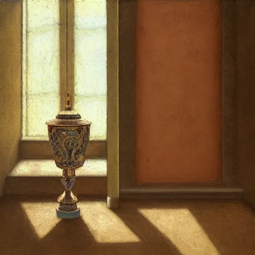 Image similar to still life painting of a room with a balcony and a marbled pedestal displaying an ancient holy blinkmoth urn artifact, centered in frame chromed and ornate with gentle iridescent shine from within. perspective from the side. realistic light and shadows. moody fantasy art, still life renaissance pastel painting. close up