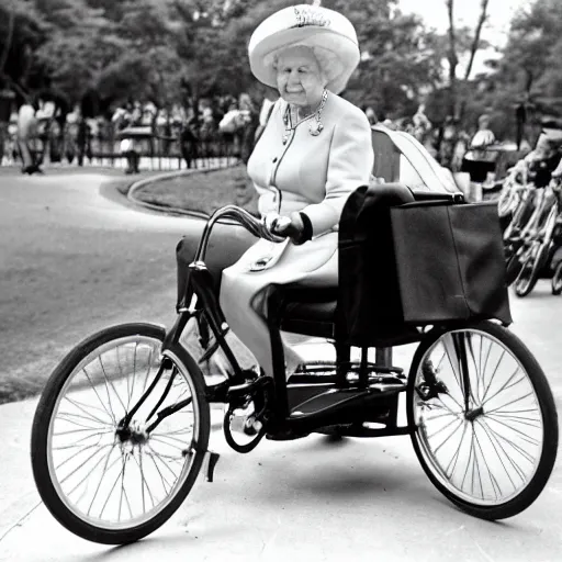 Image similar to queen elizabeth riding a tiny tricycle, color photograph, f8, dramatic angle