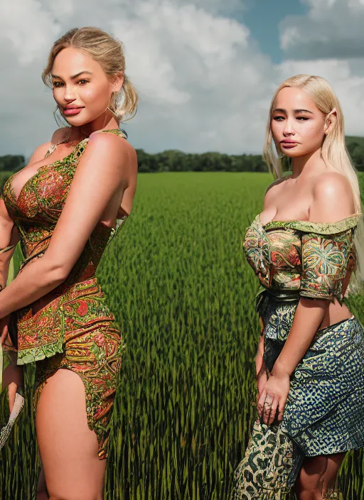 Image similar to portrait of lindsey pelas wearing green kebaya and emilia clarke wearing batik tube top in a paddy field, by charlotte grimm, natural light, detailed face, canon eos c 3 0 0, ƒ 1. 8, 3 5 mm, 8 k, medium - format print, half body shot