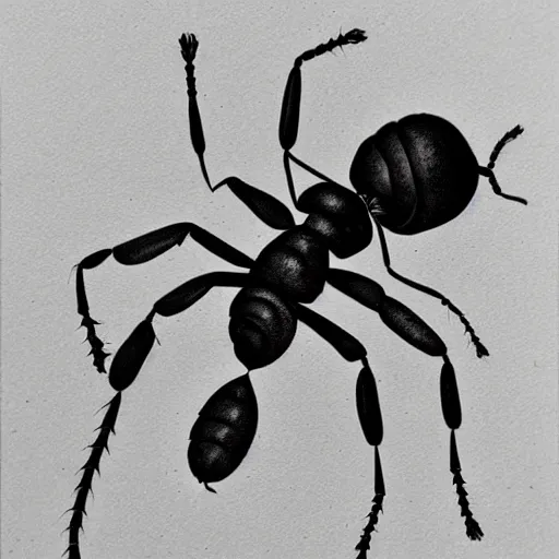 Prompt: ant, black and white, botanical illustration, black ink on white paper, bold lines