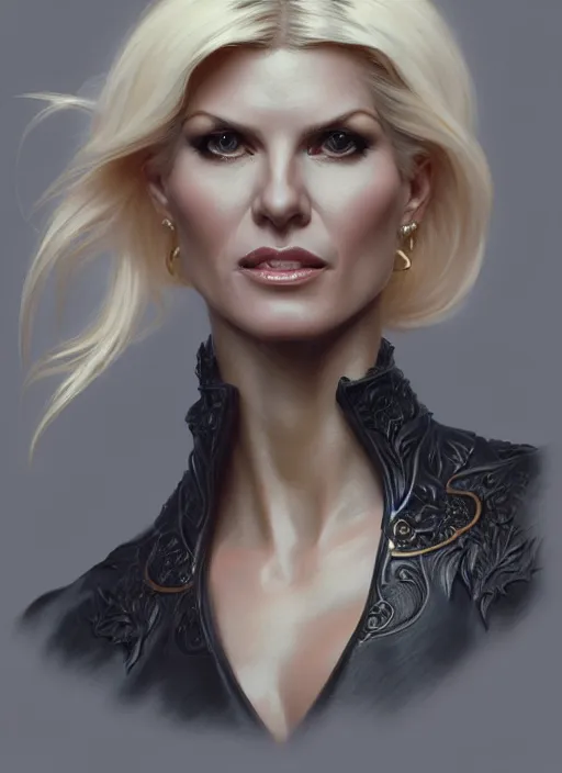 Prompt: portrait of victoria silvstedt as a lady, collar and leash, leather, greek, intricate, headshot, highly detailed, digital painting, artstation, concept art, sharp focus, cinematic lighting, illustration, art by artgerm and greg rutkowski, alphonse mucha, cgsociety