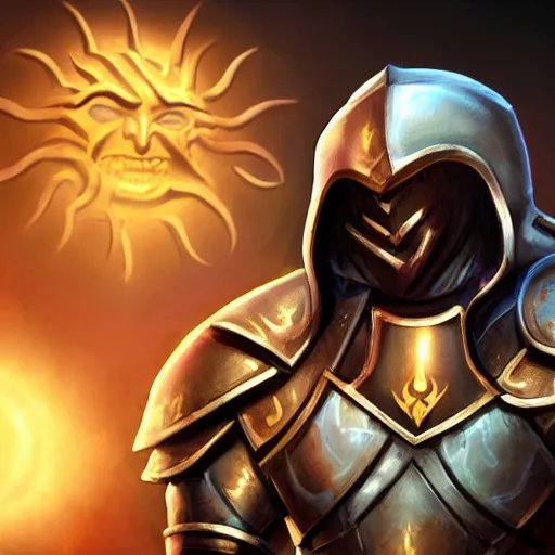 Prompt: animated armor with a helmet face and a sun emblem on his chest, wide shot photo, style of magic the gathering, dungeons and dragons, fantasy, intimidating