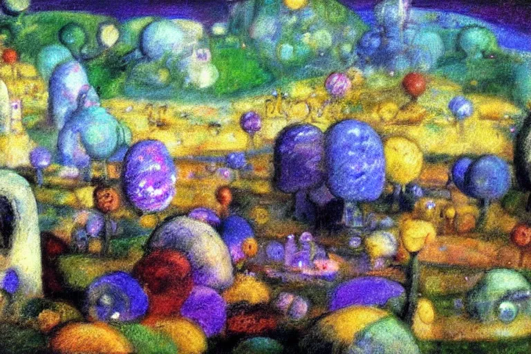 Prompt: an uncanny landscape from pikmin ( 2 0 0 1 ) painted by william james glackens