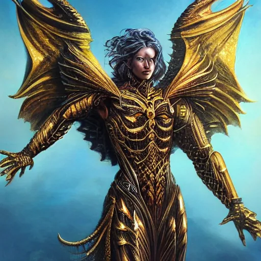 Image similar to a beautiful symmetrical muscular full body wearing a dragon armor with wings made of golden ornaments and gems, by alex gray and android jones , Karol Bak, Ayami Kojima, Amano , concept art, character design, fantasy,3D, 8k resolution