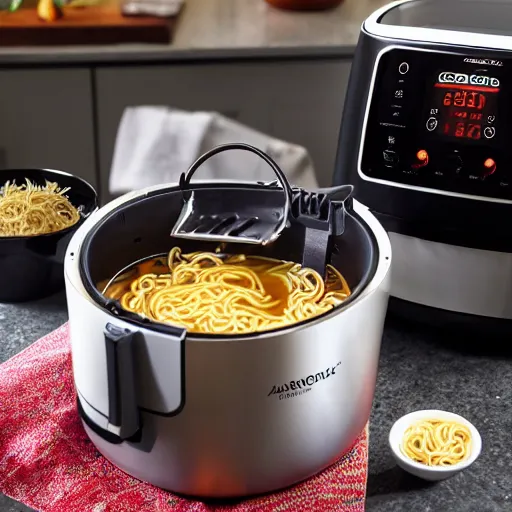 Image similar to Cooking ramen noodle soup in an airfryer, photo, kitchen interior background