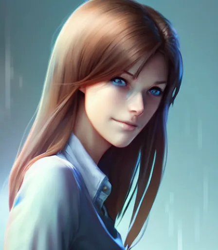 Image similar to portrait of a young woman with blue eyes, brown hair and a perfect body, wearing casual clothes, character design by charlie bowater, ross tran, artgerm, and makoto shinkai, detailed, soft lighting, rendered in octane