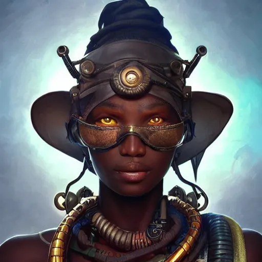 Prompt: african steampunk bandit, science fiction, highly detailed, digital painting, beautiful eyes, symmetry, concept art, sharp focus, illustration, global illumination, radiant light, detailed and intricate environment, art by artgerm and greg rutkowski and magali villeneuve and ilya kuvshinov!