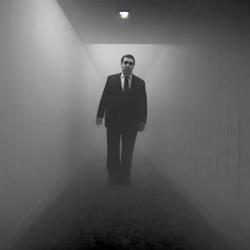 Image similar to Ted Cruz standing at the end of a long, narrow corridor, black and white, creepy lighting, foggy atmosphere, scary, horror, ornate, eerie, fear