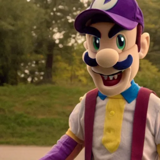 Image similar to a film still of waluigi in stranger things