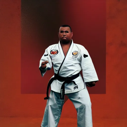 Image similar to hyperrealistic image of overweight martial artist in uniform doing kata